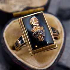 a black and gold ring with a skull on it sitting in a velvet box next to other rings