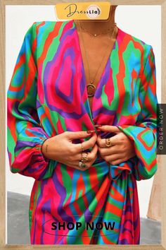 Print Long Sleeve Wrap Mini Dress Elegant Multicolor Mini Dress, Never Fully Dressed, Wrap Mini Dress, Long Sleeve Wrap Dress, Puff Long Sleeves, Neck Bodycon Dress, Draped Dress, Mini Wrap Dress, Long Sleeve Mini