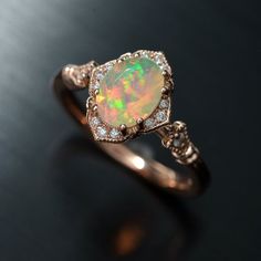 Faceted Wedding Bands, Fire Opal Engagement Ring, Rose Gold Halo Engagement Ring, Rings Opal, Engagement Ring Halo, Vintage Inspired Engagement Rings, Opal Wedding, Opal Engagement Ring, Engagement Rings Vintage Halo