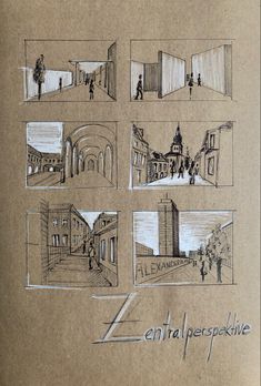 several sketches of buildings and people walking around