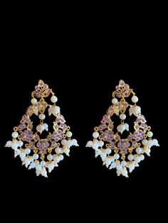 earrings tika made using shell pearls with gold plating stones :cz polki 22k gold plated length of earrings 2.5 inches 22k Gold, Shells, Gold Plate, Plating, Stone, Purple, Gold