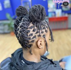 Short Locs Mohawk Styles, New Dreadlocks Hairstyles, Two Buns Locs Hairstyle, Space Buns Loc Style, Dreadlock Space Buns, Women Dreads Black Hairstyles, Medium Length Dreadlock Styles For Women, Loc Space Buns, Loc Pigtails Style