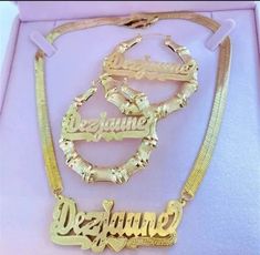 24K gold custom name bamboo earring and necklace set by Queendom Treasurez Necklace Snake Chain, Name Chain, Necklace Snake, Mohawks, Gold Heart Earring, Expensive Jewelry Luxury, Name Earrings, Bamboo Earrings, Nameplate Necklace