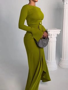 UOOZEE Green Solid Color Party Maxi Dress, Fitted Green Maxi Dress For Fall, Green Fitted Maxi Dress For Fall, New Long Dress, Hot Spring, Solid Color Dress, Sleeve Dresses, Vintage Elegant, Evening Party Dress