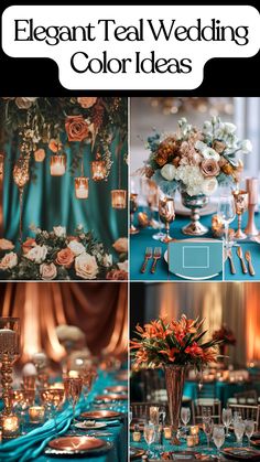 Teal and copper color palette for a chic wedding theme setup. Fall Teal Wedding Colors, Wedding Colors With Turquoise, Dark Teal And Burnt Orange Wedding Theme, Fall Wedding Teal And Orange, Peacock Color Palette Wedding, Dark Turquoise Wedding Theme, Teal And Orange Wedding Theme, Wedding Color Schemes Teal