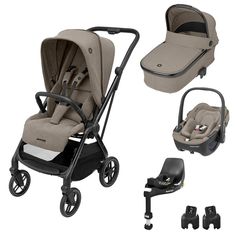 the baby stroller is shown with accessories