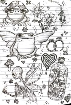 some drawings on lined paper with hearts, flowers and other things to draw in it