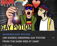 two people standing next to each other in front of a sign that says gay potion