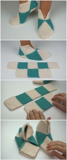 crocheted slippers are being made with yarn and then knitted in different colors