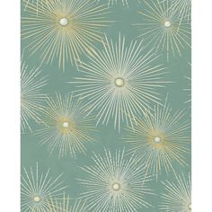 a green and gold wallpaper with large stars on the back ground, in shades of blue