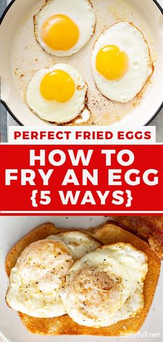 two fried eggs are in a frying pan and the words how to fry an egg is