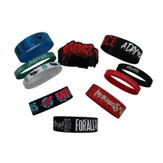 10 Wristbands Bracelets 

Motionless in White -Reincarnated - red
Sleeping with Sirens - See the Beauty in Everything We Are
Pierce the Veil - Die cut red logo with skull
For All Those Sleeping - Wake the F@@k Up!
A Day To Remember - Violence
Pierce the Veil - skinny white logo
Pierce the Veil - skinny teal
We Came as Romans - Dinosaur
Falling in Reverse - Stuck with Bad Luck - skinny red
Falling in Reverse - black logo

None of these have been used
All in great shape
All originally from Hot Topic Pierce The Veil Necklace, Slipknot Jewelry, Ptv Bracelet, We Came As Romans, Beauty In Everything, Alt Rock, Sleeping With Sirens, Falling In Reverse, Motionless In White