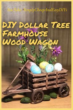 a wooden wagon filled with eggs and flowers