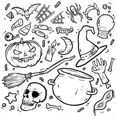 black and white halloween doodles with skulls, pumpkins, witches and other objects