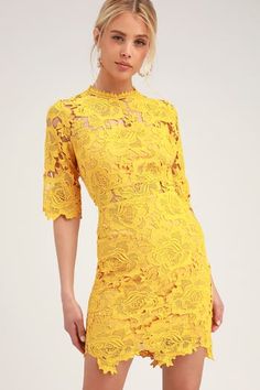 Find a Trendy Women's Yellow Dress to Light Up a Room | Affordable, Stylish Yellow Cocktail Dresses and Formal Gowns Cute Yellow Dresses, Cute Cocktail Dresses, Womens Yellow Dress, Cocktail Dress Yellow, Chic Cocktail Dress, Yellow Lace Dresses, Yellow Clothes, Lace Gown Styles, Neon Outfits