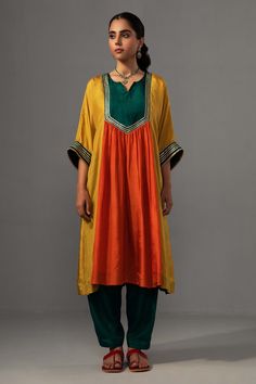 Buy Yellow Pure Silk Gota Lace Round Colour Block Panel Kurta With Pant For Women by Label Shreya Sharma Online at Aza Fashions. Gotapatti Work, Split Complementary Colors, Indian Designer Suits, Kurti Designs Latest, Pant For Women, Hijabi Fashion Casual, Upcycling Ideas