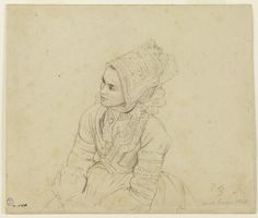 a drawing of a woman wearing a bonnet and sitting on the ground with her hands in her pockets