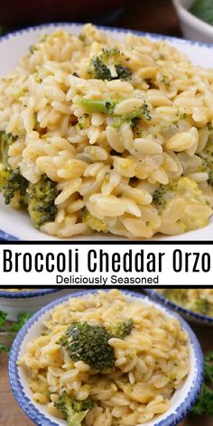 broccoli cheddar orzoni pasta is served in two separate bowls