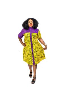 Beautiful  mixture of yellow and porple African Ankara Print short dress. Yellow Short Sleeve Mini Dress, Yellow Short Sleeve Midi Dress, Purple Short Sleeve Midi Dress, Yellow Knee-length Mini Dress, Yellow Ankara Dress, Purple Ankara, Yellow Ankara, Ankara Material, Ankara Short