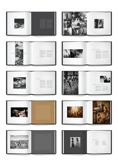 an open book with black and white photos on the pages, all in different positions