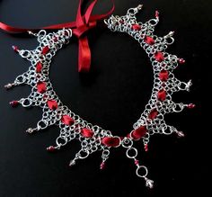 VALENTINA - Lace choker with red ribbon and swarovski crystals set Elegant Metal Choker For Valentine's Day, Valentine's Day Silver Elegant Choker, Handmade Choker For Valentine's Day Party, Handmade Valentine's Day Party Choker, Valentine's Day Party Handmade Choker, Red Metal Choker For Party, Chainmaille Jewelry Patterns, Chain Maille Patterns, Chain Maille Necklace