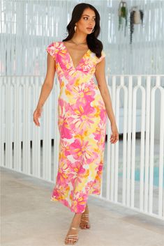 Length from shoulder to hem of size S: 132cm. Chest 36cm, Waist 32cm, size S. Maxi dress. Semi-lined. Pink, yellow, orange, white. Model is a standard XS and is wearing size XS. True to size. Non-stretch. Cap sleeves. Twist-back. V-neck. Zipper. Cold hand wash only. Print placement may vary. Polyester. Fall in love with the For The Season Maxi Dress. Featuring a twist-back design and a V-neck. Style it with heels for a 'fit you'll get compliments on. First Day Outfit, Bridal Shower Dress, Long Bodycon Dress, Shower Dresses, Jumpsuits And Romper, Long Sleeve Lace Dress, Pink Maxi Dress, Mini Dresses Summer, For The