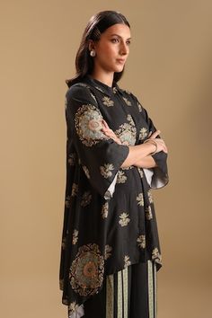 Black cotton silk kurta with floral mandala prints and sequin embellishments. Paired with a pant with printed panels. - Aza Fashions Traditional Designer Kurta With Set-in Sleeves, Traditional Silk Kurta With Set-in Sleeves, Festive Silk Sets With Set-in Sleeves, Silk Sets With Set-in Sleeves For Festive Occasions, Festive Silk Palazzo Set With Set-in Sleeves, Formal Silk Dupatta With Printed Motifs, Traditional Silk Sets With Set-in Sleeves, Silk Sets With Printed Motifs For Formal Occasions, Traditional Designer Sets With Set-in Sleeves