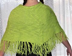 Beautiful women knit poncho that will add a touch of style to any garment you wear, without forgetting the comfort and the simplicity With this wool poncho you will get a casual look with jeans or a little more chic look with a pencil skirt and high heels. It's hand knitted in the round with a down oppening for freedom of movement and comfort Measures laid flat :- 20 ins at longest point (50 cm) 34 ins at widest point (85 cm) Green Shawl Poncho One Size, Green One-size Shawl Poncho, Casual Green Winter Shawl, Cozy One-size Green Poncho, Green Crochet Shawl For Winter, Handmade Green Knit Knitting Pattern, Hand Knitted Green Knitting Pattern, Green Yarn Knitting Pattern, Green Hand Knitted Shawl For Winter