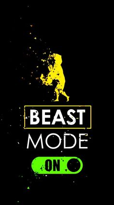 the beast mode logo is displayed on a black background with green and yellow spray paint