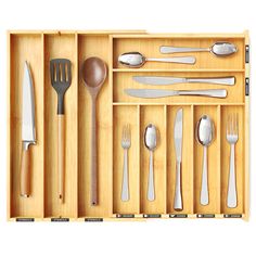 expandable silverware organizer Knives Drawer, Knife Drawer Storage, Kitchen Utensil Drawer Organization, Kitchen Utensil Drawer, Bamboo Silverware, Knife Drawer, Silverware Organizer, Silverware Drawer Organizer, Kitchen Drawer Storage