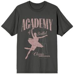 Show off your love of ballet with this unisex adult t-shirt featuring the silhouette of a dancer in a tutu and the words “Academy of Ballet”. With short sleeves and a crew neck, this charcoal-colored t-shirt offers comfort and style that’s perfect for all-day, any-day wear. And since it's crafted from high-quality 100% cotton, this tee ensures a soft and comfortable feel. When it's time for cleaning, simply machine wash it cold and tumble dry low for effortless care. Spring Graphics, Ballet Shirts, Dance Tee, Outfit Pieces, Dance Shirt, Dance Academy, Dance Shirts, Casual Preppy Outfits, Tee Shirt Designs