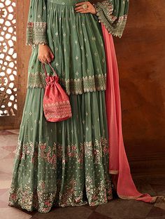 Sage Green & Coral Pink Designer Heavy Embroidered Georgette Sharara Suit-Saira's Boutique Pakistani Sharara Suit, Pakistani Sharara, Bridal Clothes, Long Choli Lehenga, Orang India, Plazzo Suits, Sharara Designs, Gaun Fashion, Dhoti Pants