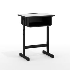 a black desk with a white top and legs on the bottom, in front of a white background