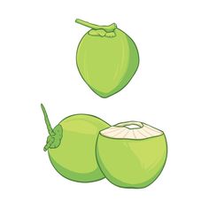 two green coconuts with one cut in half and the other half open, on a white background