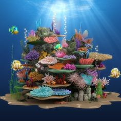 an underwater scene with corals, fish and seaweed