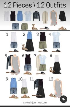 an image of clothes and shoes to wear in the summertime months, with text overlay