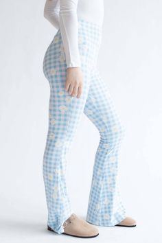 Blue Daisy Gingham Bell Bottoms Retro Plaid Bottoms For Spring, Preppy Spring Bottoms For Picnic, Trendy Gingham Bottoms For Picnic, White Mock Neck, Flower Pants, Adidas Track Pants, Mock Neck Long Sleeve, Blue Daisy, Waist Measurement