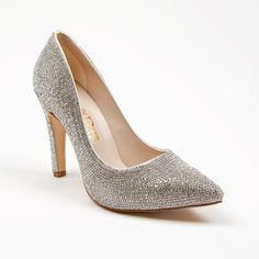 a women's silver high heeled shoe on a white background