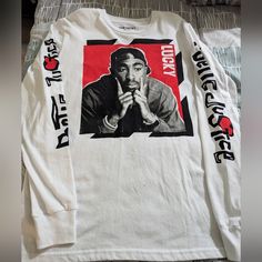 Tupac Poetic Justice Long Sleeve Shirt Tshirt Material Nwot White Tops For Fall Streetwear, Graphic Tee Long Sleeve Shirt For Streetwear, White Screen Print Shirt For Fall, Casual White Screen Print Shirt, Casual Long Sleeve Shirt With Screen Print, Casual White Graphic Print Shirt, Casual White Print Tops For Streetwear, Urban White Tops For Fall, Trendy White Shirt For Streetwear