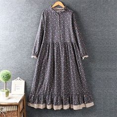 Women Floral Tunic Dress Cotton Long Sleeve Midi Pastoral Retro Mori Girl | eBay Gaun Koktail, Linen Loose Dress, Floral Print Chiffon Dress, Long Sleeve Chiffon Dress, Cottagecore Clothes, Japanese Dress, Cotton Linen Dresses, Flower Print Dress, Chiffon Long Sleeve