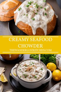 the creamy seafood chowder is served in a bowl with bread and lemons on the side