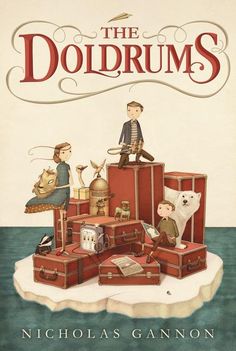 the book cover for the doldrum's by nicholas gannon, with an illustration of two people sitting on top of suitcases