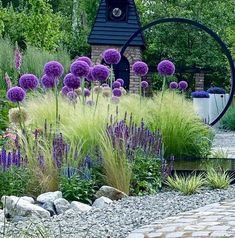 a garden with purple flowers and grass in the middle, surrounded by graveled stones