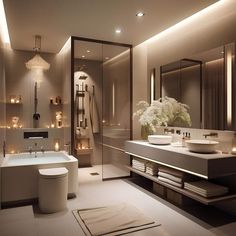 a modern bathroom with candles on the wall and large bathtub in the center, along with two sinks