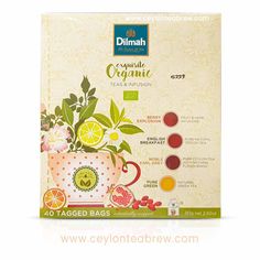 a box of organic tea bags with lemons, oranges and cranberries