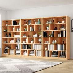 a book shelf filled with lots of books on top of a hard wood floor