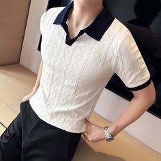 Korea Południowa, Autumn T Shirts, Polo Shirt White, England Fashion, Old Money Style, Knit Polo, Tee Shirt Homme, Casual Stripes, Color Shorts