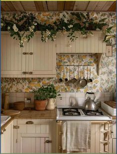 a kitchen with flowers on the wall and potted plants hanging over the stove top