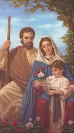 a painting of jesus holding the cross with two children