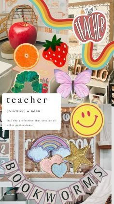 the teacher's room collage is full of colorful images and words, including an apple